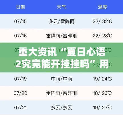 重大资讯“夏日心语2究竟能开挂挂吗	”用挂教程